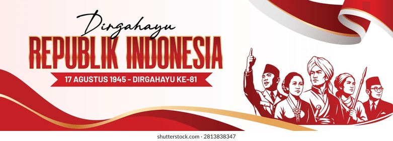 Indonesia Independence Day 17 August 2026 Banner Design Template with National Heroes Illustration, Red and Gold Premium Concept