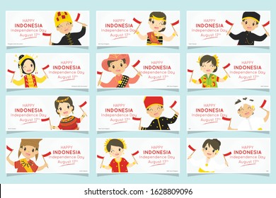 Indonesia independence day August 17th celebration banner design, cartoon vector set. Happy Indonesian kids in traditional dress, holding Indonesian flags. Printable banner template.