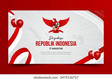 Indonesia independence day August 17th banner with ribbon flag and Garuda Pancasila symbol of Indonesian ideology