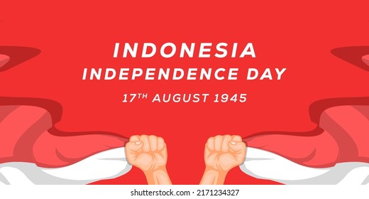 indonesia independence day background with two hands holding indonesian flags. vector illustration