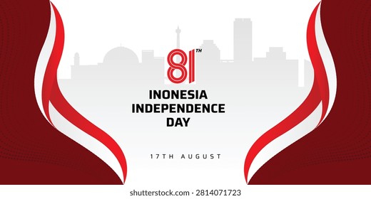 Indonesia Independence Day Background with white color and red graphic. City building overlay.