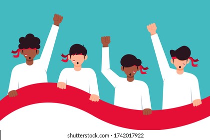 Indonesia Independence Day Background With Young People Character Raising Fist Up And Holding Indonesian Flag. Concept Of Unity In Diversity. Flat Style Vector Illustration Of Pancasila Day.