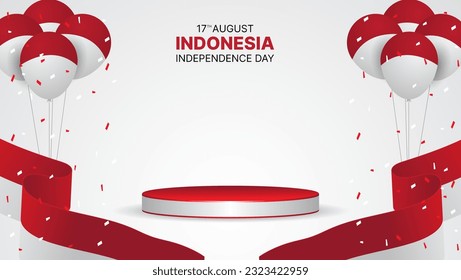 indonesia independence day banner with 3d podium, balloons and confetti. suitable for business promotion or greeting card