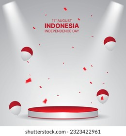 indonesisches Tagesbanner mit 3D-Podium, Ballons und Konfetti. geeignet für Geschäftswerbung oder Grußkarte