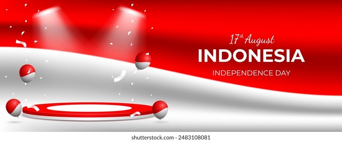 indonesia independence day banner design with wavy indonesian flag. great for business promotion banner, celebration poster, etc.