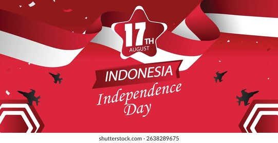 Indonesia Independence Day Banner with Fighter Jets and Ribbon Design

