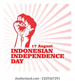 Indonesia independence day banner with fist in air concept on gleam background. Dirgahayu means long live the Republic of Indonesia. Vector Illustration.