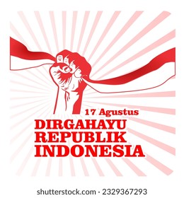 Indonesia independence day banner with fist in air concept on gleam background. Dirgahayu means long live the Republic of Indonesia. Vector Illustration.