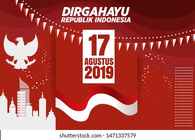 Indonesia Independence Day banner or greeting design with red background,abstract and Indonesia flag ribbon,with various white silhouette about Indonesian freedom fighters,traditional race - vector