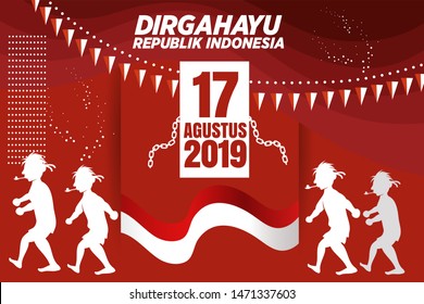 Indonesia Independence Day banner or greeting design with red background,abstract and Indonesia flag ribbon,with various white silhouette about Indonesian freedom fighters,traditional race - vector