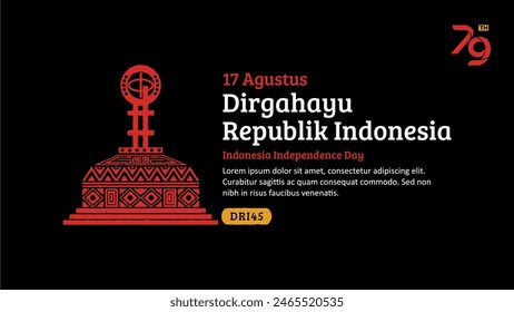Indonesia Independence Day Banner. Hand-Drawn Borobudur Temple with Trendy Stamp. 17 Agustus Celebration
