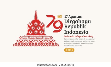 Indonesia Independence Day Banner. Hand-Drawn Borobudur Temple with Trendy Stamp. 17 Agustus Celebration
