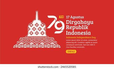 Indonesia Independence Day Banner. Hand-Drawn Borobudur Temple with Trendy Stamp. 17 Agustus Celebration
