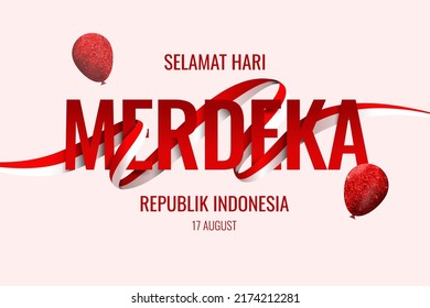 Indonesia independence day banner, Indonesia text decorated with flags and balloons