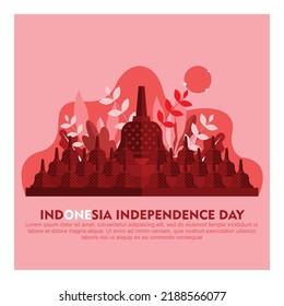 Indonesia Independence Day with Borobudur Temple (Historic Building in the Yogyakarta City of Indonesia), Plants, Moon, Stars, and Red Background