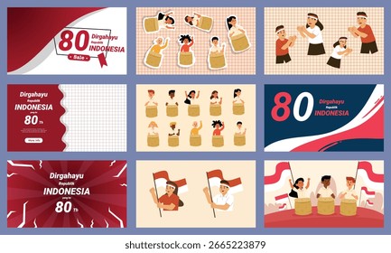 Conjunto de Paquete del día de la independencia de Indonesia con temas patrióticos, banderas y diseños de ilustraciones de celebración