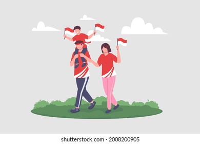 Indonesia independence day celebration August 17th with waving flag flat illustration. People and character.