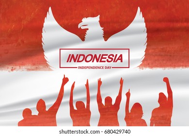 Indonesia Independence Day Celebration With Flag And People Vector Illustration