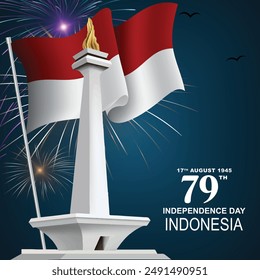 Indonesien Unabhängigkeitstag Feier mit Nationaldenkmal und Flagge - 79. Jubiläum