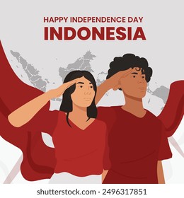 indonesia independence day celebration template social media young man woman patriotic gesture flat illustration