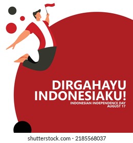 Indonesia independence day celebration vector illustration with a man jumping and holding the national flag. Indonesian text translated as "long live my Indonesia". Suitable for social media template.