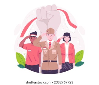 Indonesia Independence Day Concept illustration. Young people with respectful gestures celebrating Indonesia Independence Day on August 17th