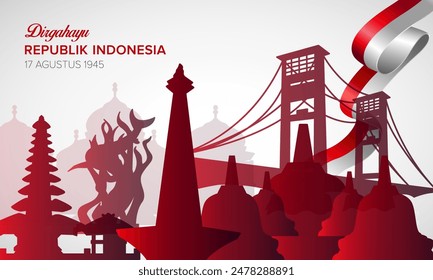 Indonesien Unabhängigkeitstag Design Hintergrund mit berühmten Wahrzeichen Silhouette