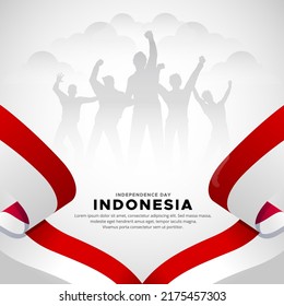 Indonesia Independence Day design vector with silhouette of soldier and wavy flag background