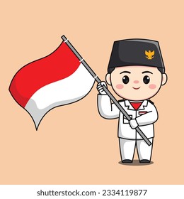indonesia independence day flag raiser male character chibi kawaii flat cartoon illustration