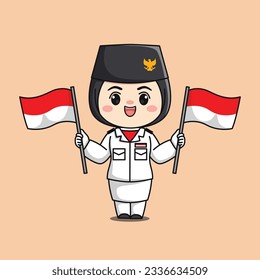 indonesia independence day flag raiser hijab female character chibi kawaii flat cartoon illustration