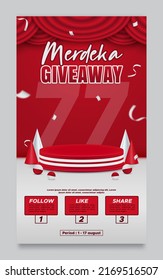 Indonesia independence day giveaway poster template with podium on red background