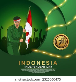 Indonesia independence day green banner with Indonesian soldier holding flag