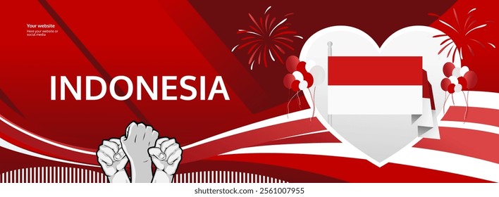 Indonesia Independence Day greeting banner concept. August 17th is celebrated as Indonesians National Day. Template illustration with flag and raised fist, great for national holiday poster.