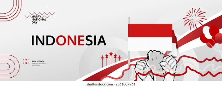 Indonesia Independence Day greeting banner concept. August 17th is celebrated as Indonesians National Day. Template illustration with flag and raised fist, great for national holiday poster.