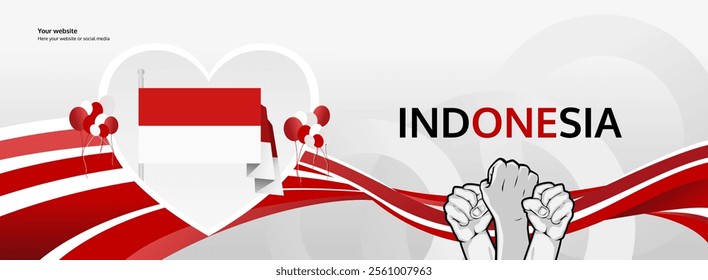 Indonesia Independence Day greeting banner concept. August 17th is celebrated as Indonesians National Day. Template illustration with flag and raised fist, great for national holiday poster.