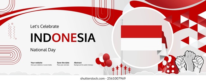 Indonesia Independence Day greeting banner concept. August 17th is celebrated as Indonesians National Day. Template illustration with flag and raised fist, great for national holiday poster.