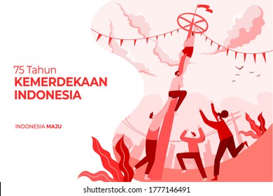 Indonesia independence day greeting card with traditional games concept illustration. 75 tahun kemerdekaan indonesia translates to 75 years Indonesia independence day.