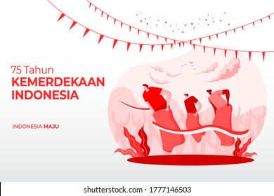 Indonesia independence day greeting card with traditional games concept illustration. 75 tahun kemerdekaan indonesia translates to 75 years Indonesia independence day.