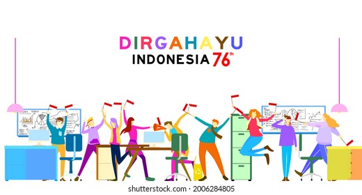 Indonesia independence day greeting card with spirit young people concept illustration. 76 tahun kemerdekaan indonesia translates to 76 years Indonesia independence day.