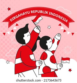 Indonesia independence day greeting card with flat people illustration