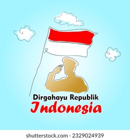 Indonesia independence day greeting card with line art concept illustration silhouette of veterans saluting the flag. Dirgahayu means long live the Republic of Indonesia.