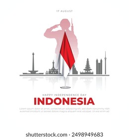 Indonesien Independence Day Grußkarte und Post. 17. August - Happy Independence Day Indonesia Moderner und minimaler Banner-Hintergrund mit Indonesien Flagge Vektorgrafik