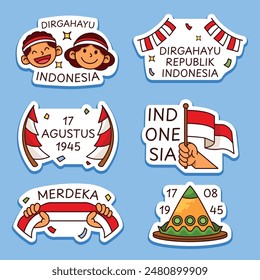 Indonesia independence day greetings stickers. All text in bahasa indonesia.
Dirgahayu means long live, merdeka means freedom.