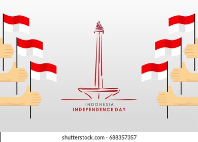 Indonesia independence day with hand, flag and statue