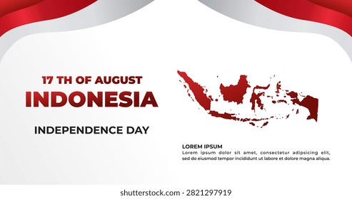 Indonesia Independence Day horizontal banner with red and white wave design, map silhouette and patriotic celebration template for 17 August national event