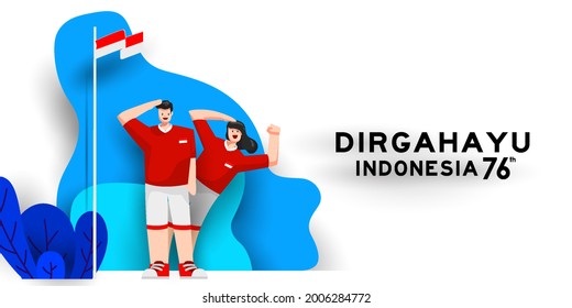 Indonesia Independence Day Illustration 76 years freedom with young people respect. paper art style indonesia independence day celebrating