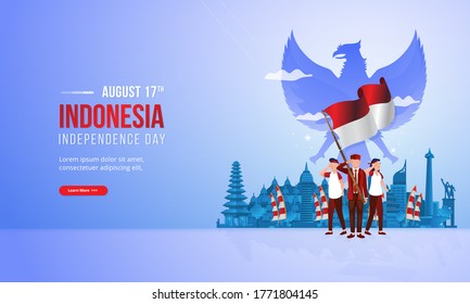 Indonesia independence day illustration concept, the spirit of youth patriotism with red and white flag