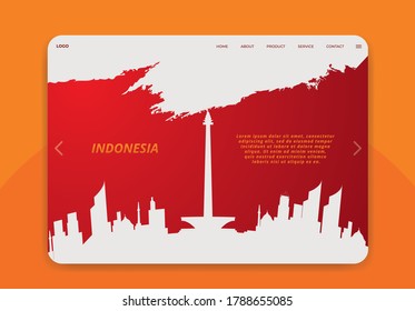 Indonesia Independence Day Landing Page Concept With Monas Building Silhoutte.