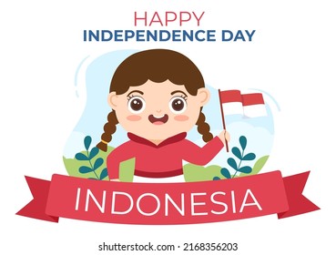 Indonesia Independence Day on August 17th with Traditional Games, Flag Red White and People Character in Flat Cute Cartoon Background Illustration