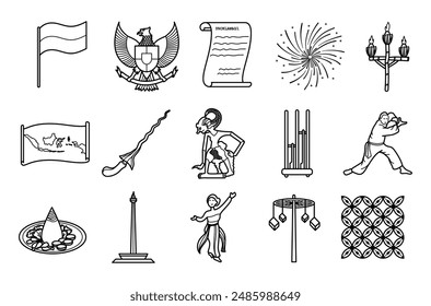 Indonesia independence day outline vector set illustration 